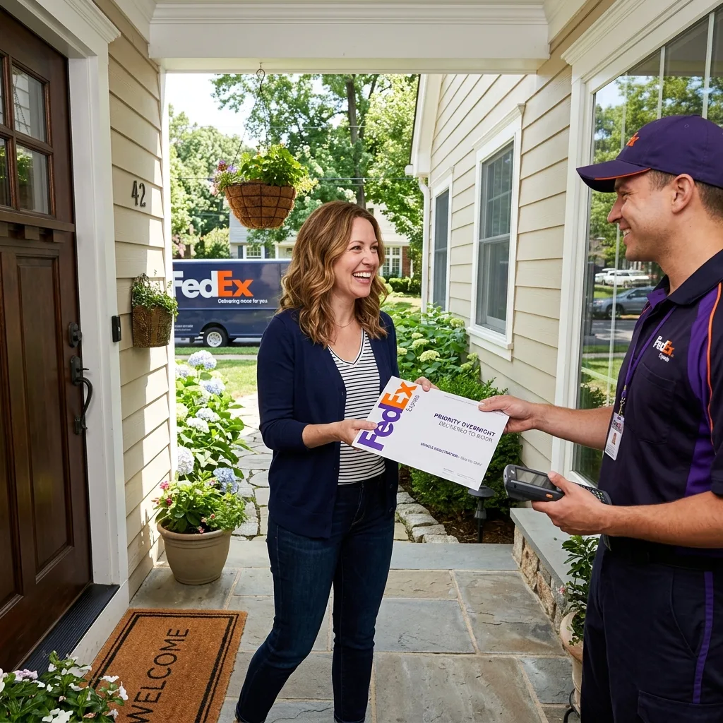 fedex courier delivering envelope of montana license plates to upscale home doorstep