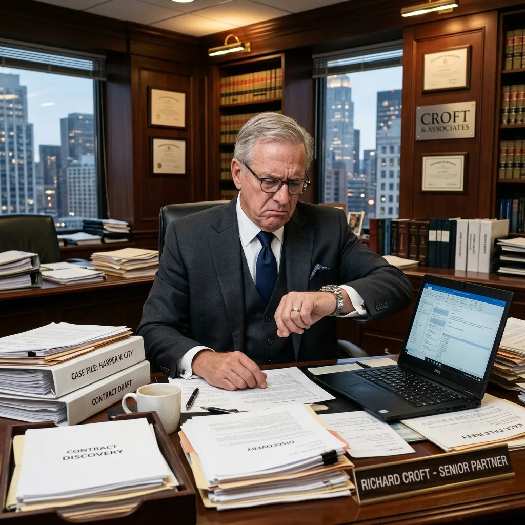 successful attorney at modern desk reviewing case files in a sunlit corner office