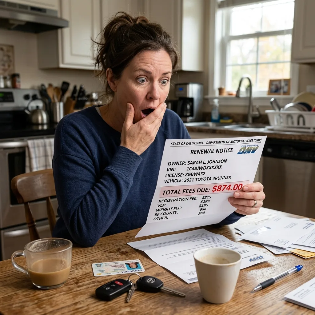 california dmv registration bill showing inflated VLF charges next to confused vehicle owner