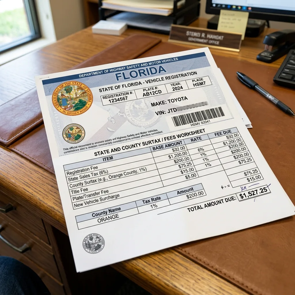 Florida HSMV vehicle registration document showing county surtax rates