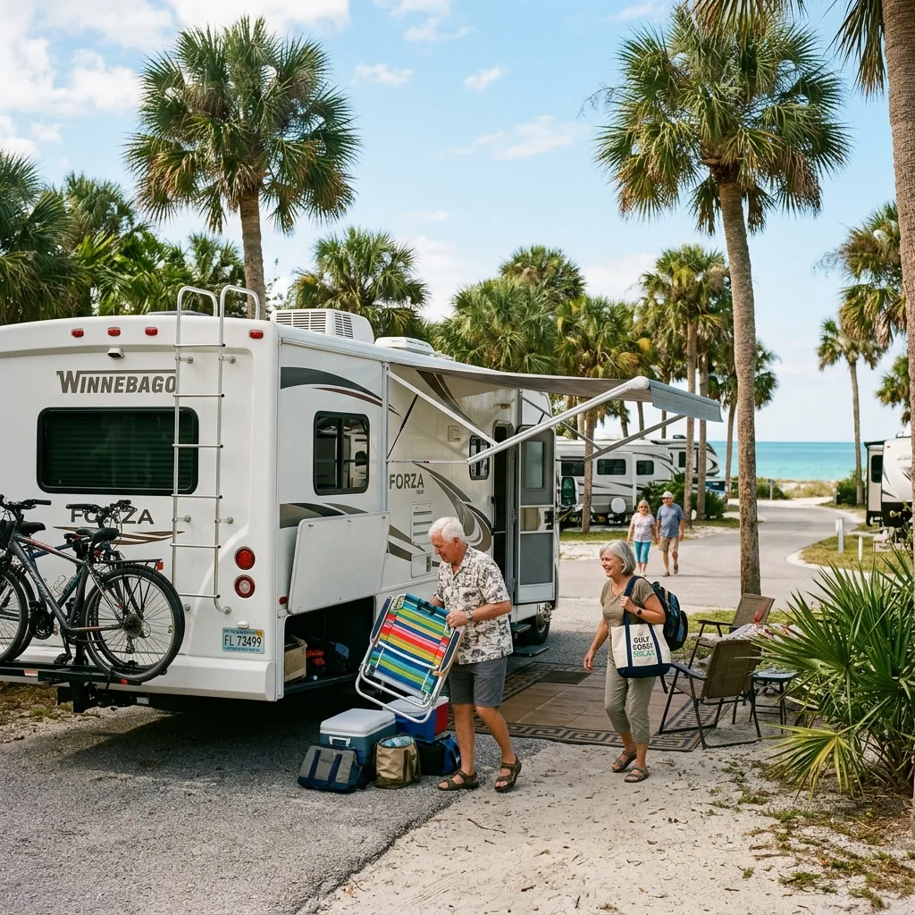 Retired snowbird couple RV motorhome at Florida campground Gulf Coast lifestyle