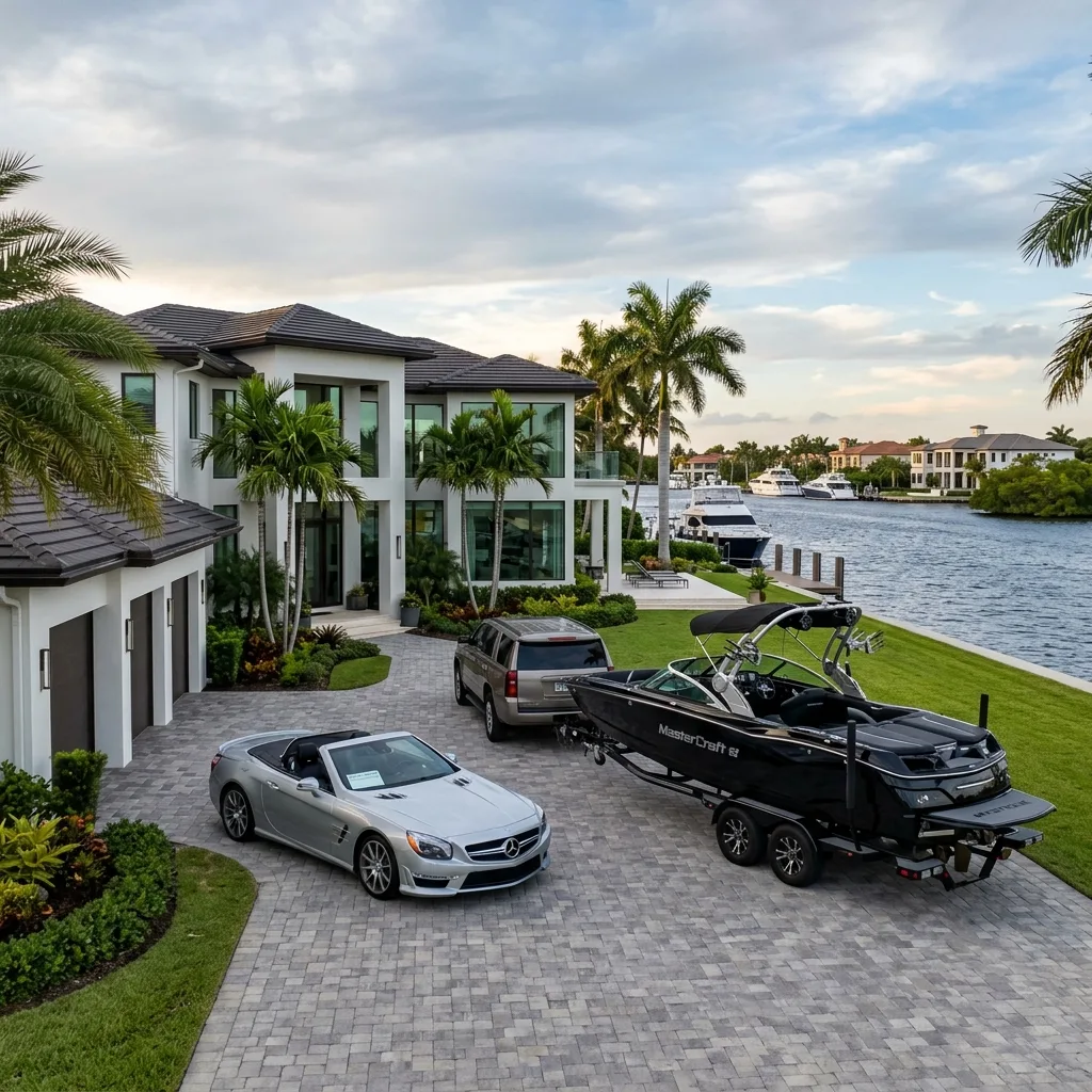 Florida waterfront luxury home with boat and sports car wealthy lifestyle
