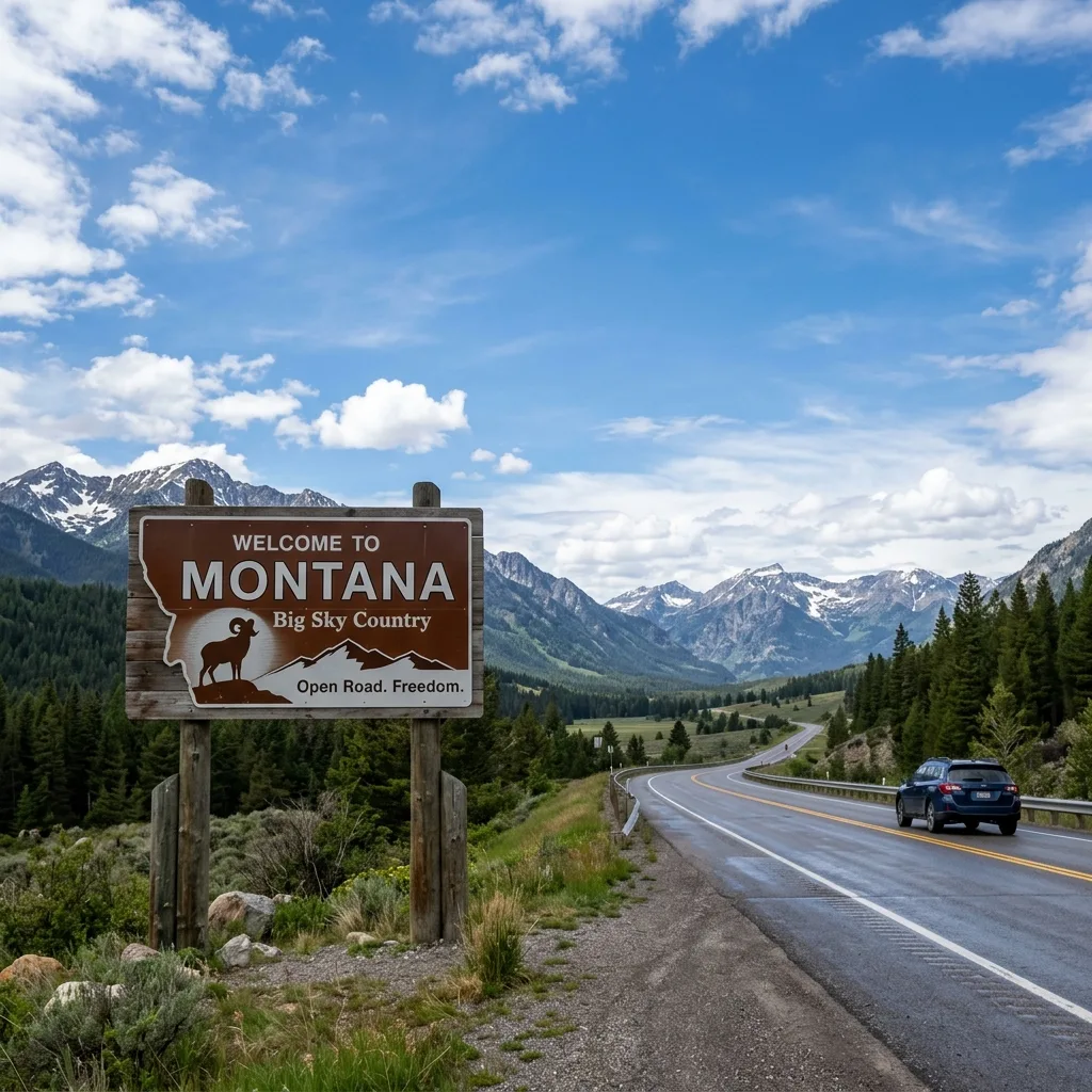 Welcome to Montana highway sign mountain landscape freedom from vehicle tax