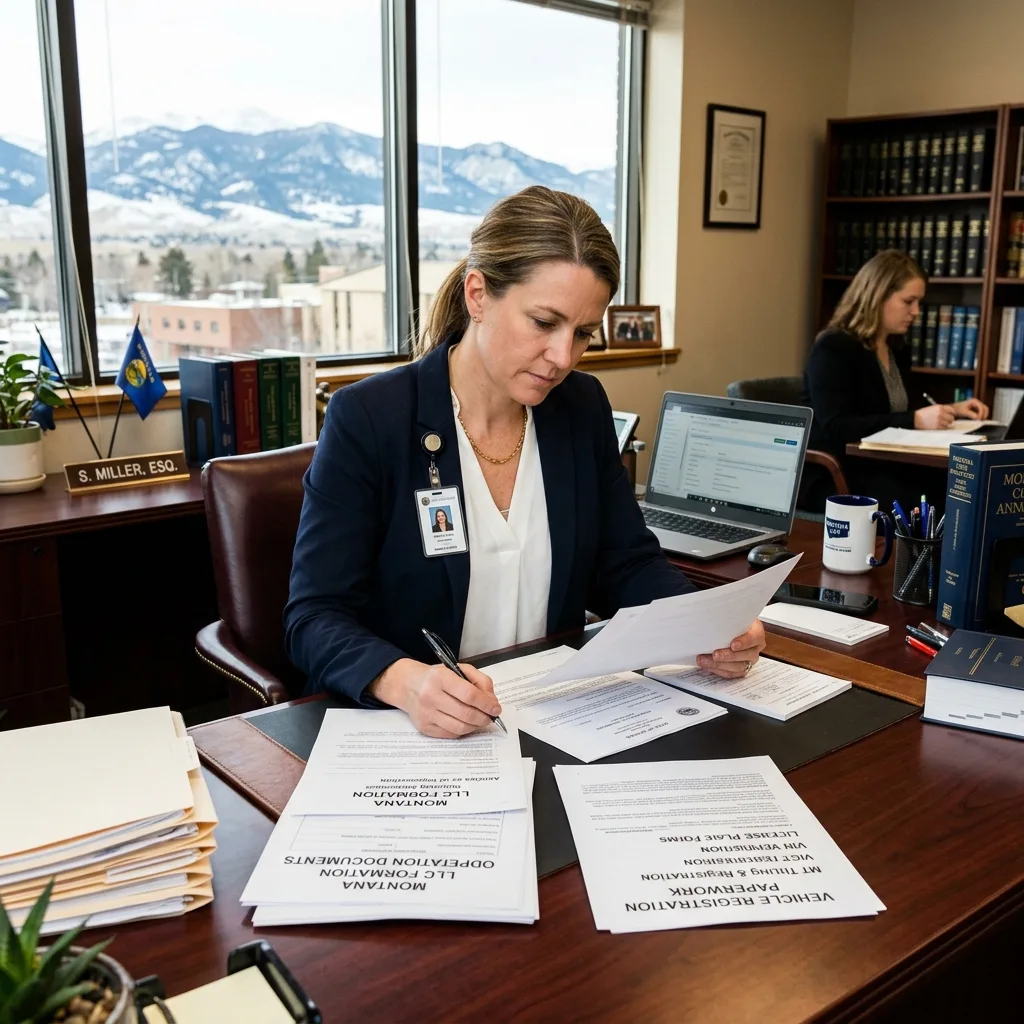 Attorney reviewing Montana LLC formation documents for vehicle registration compliance