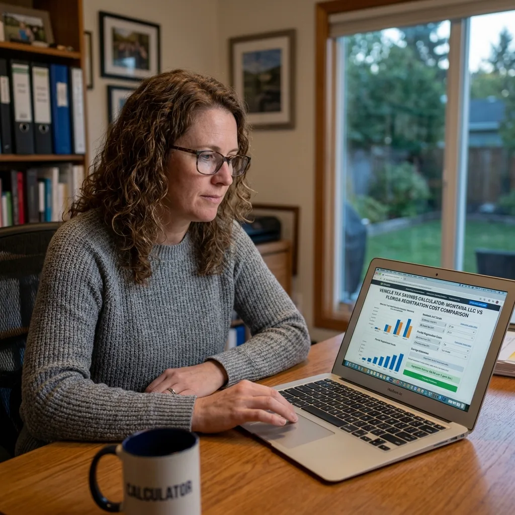 Person on laptop comparing Montana LLC vehicle tax savings vs Florida registration costs