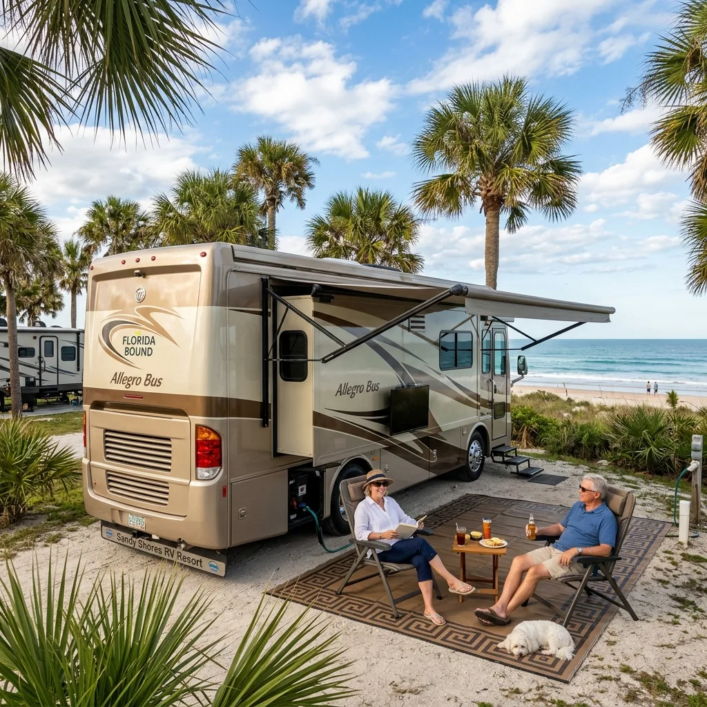 Luxury motorhome at Florida campground snowbird lifestyle