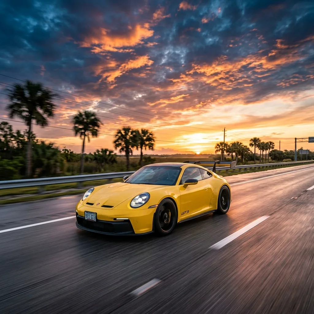 Porsche GT3 performance car on empty Florida highway at sunrise