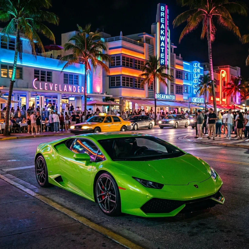Lamborghini Huracan parked on Miami Ocean Drive at night