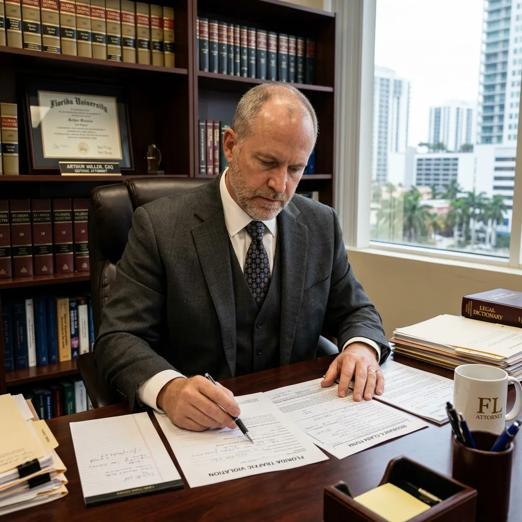 Defense attorney reviewing traffic violation documents Florida