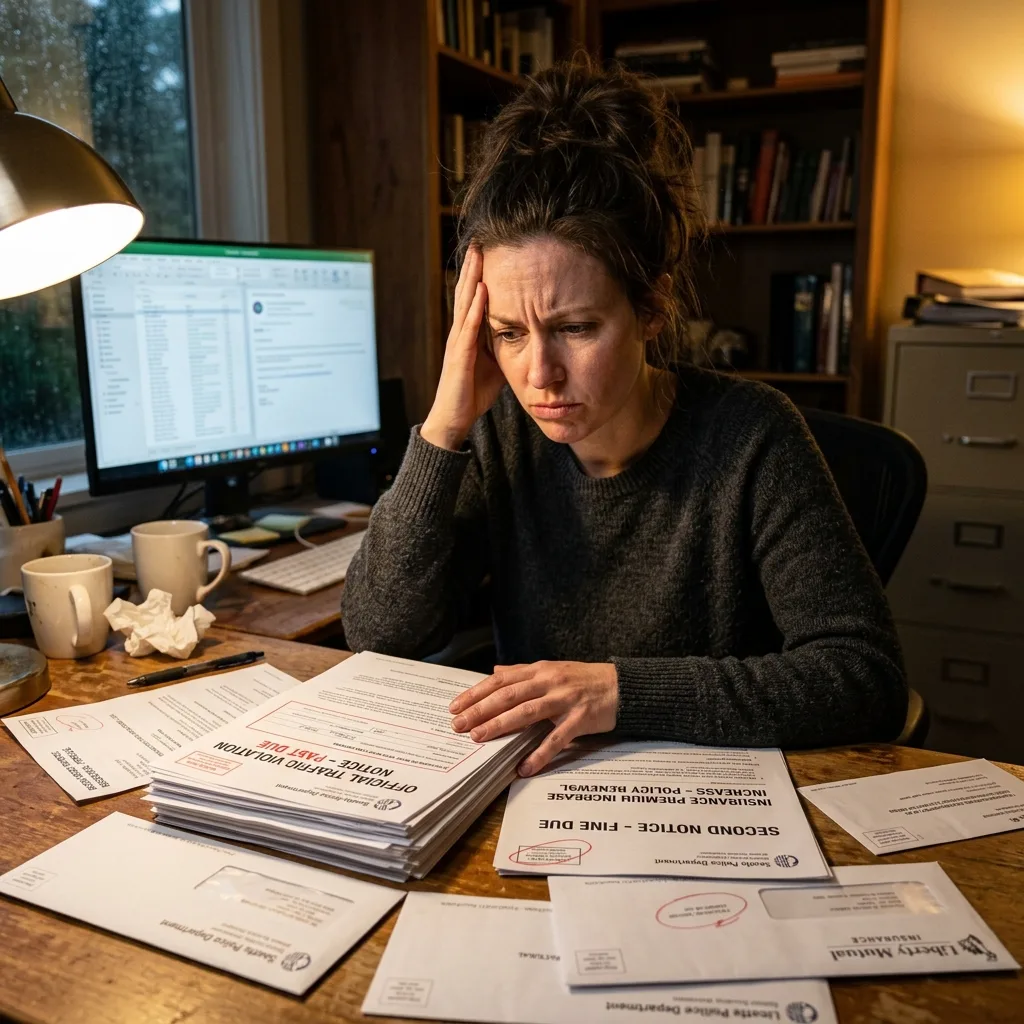 Person reviewing expensive traffic fines and insurance increase