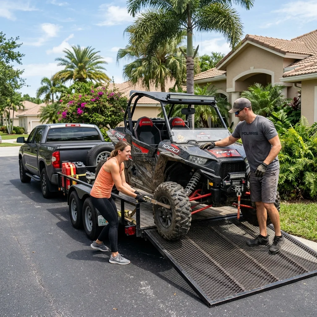 Ocala Florida horse farm with UTV used for ranch work crossing rural paved road