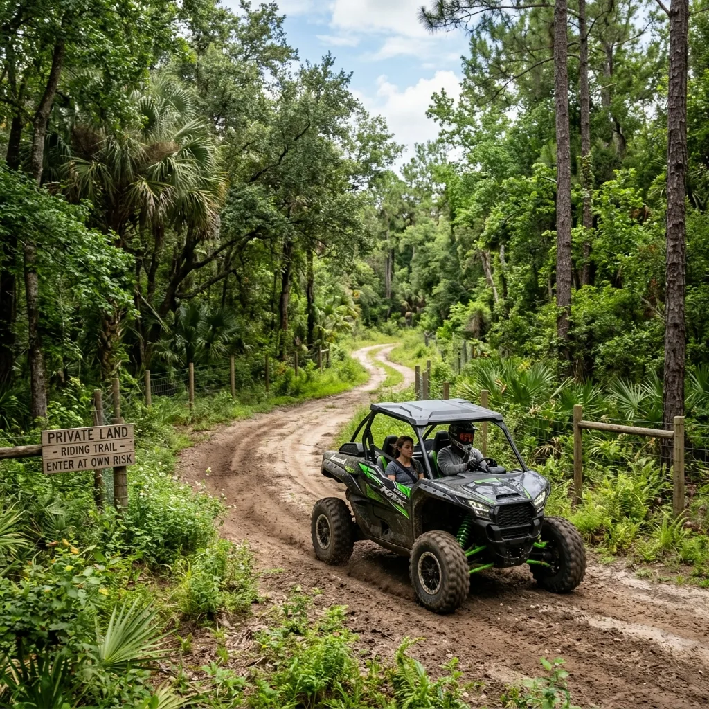 Can-Am Maverick X3 UTV at Florida trail system entrance with outdoor recreation couple