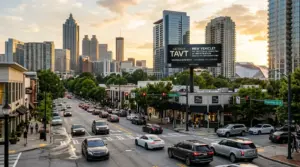 georgia vehicle tax TAVT - Atlanta skyline with luxury vehicles Peachtree Street
