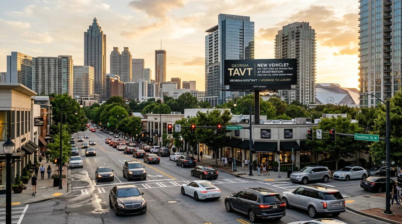 georgia vehicle tax TAVT - Atlanta skyline with luxury vehicles Peachtree Street