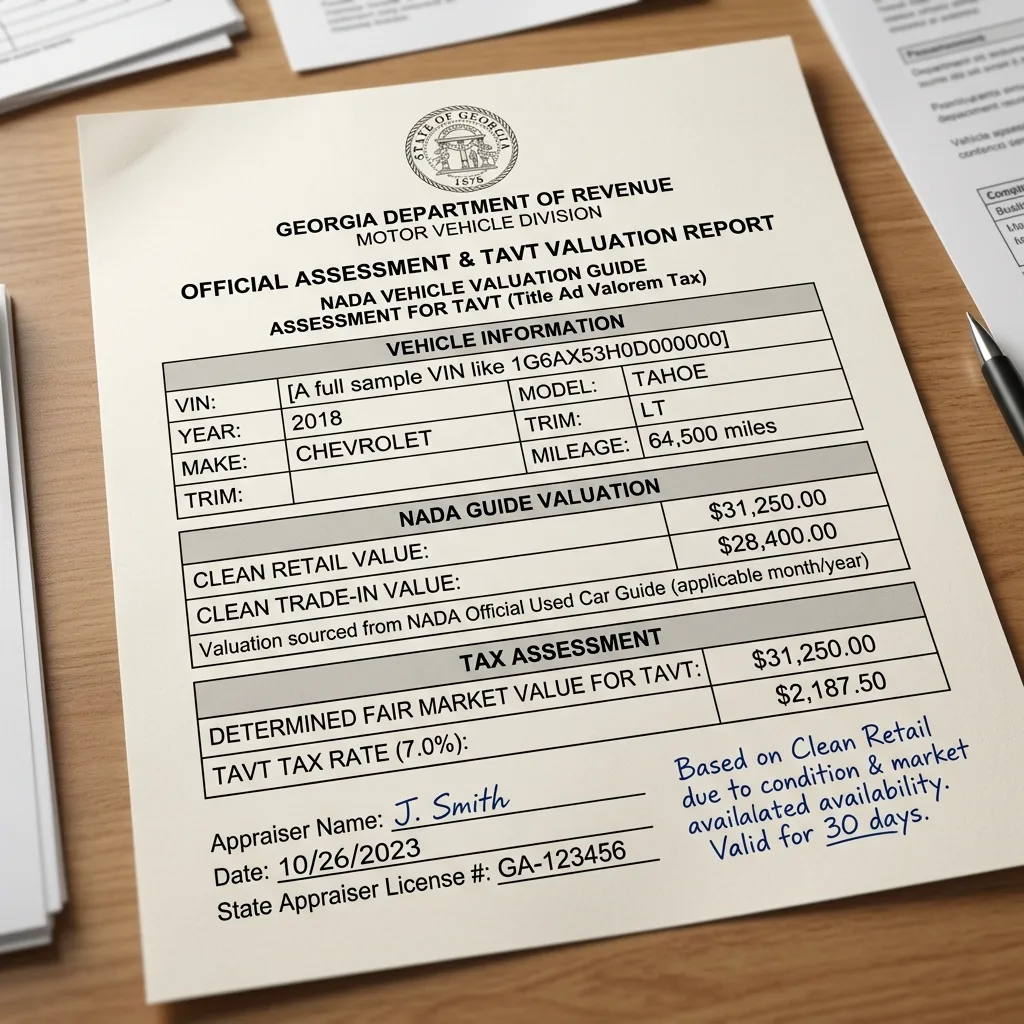 Georgia DOR NADA fair market value assessment TAVT georgia vehicle tax calculation
