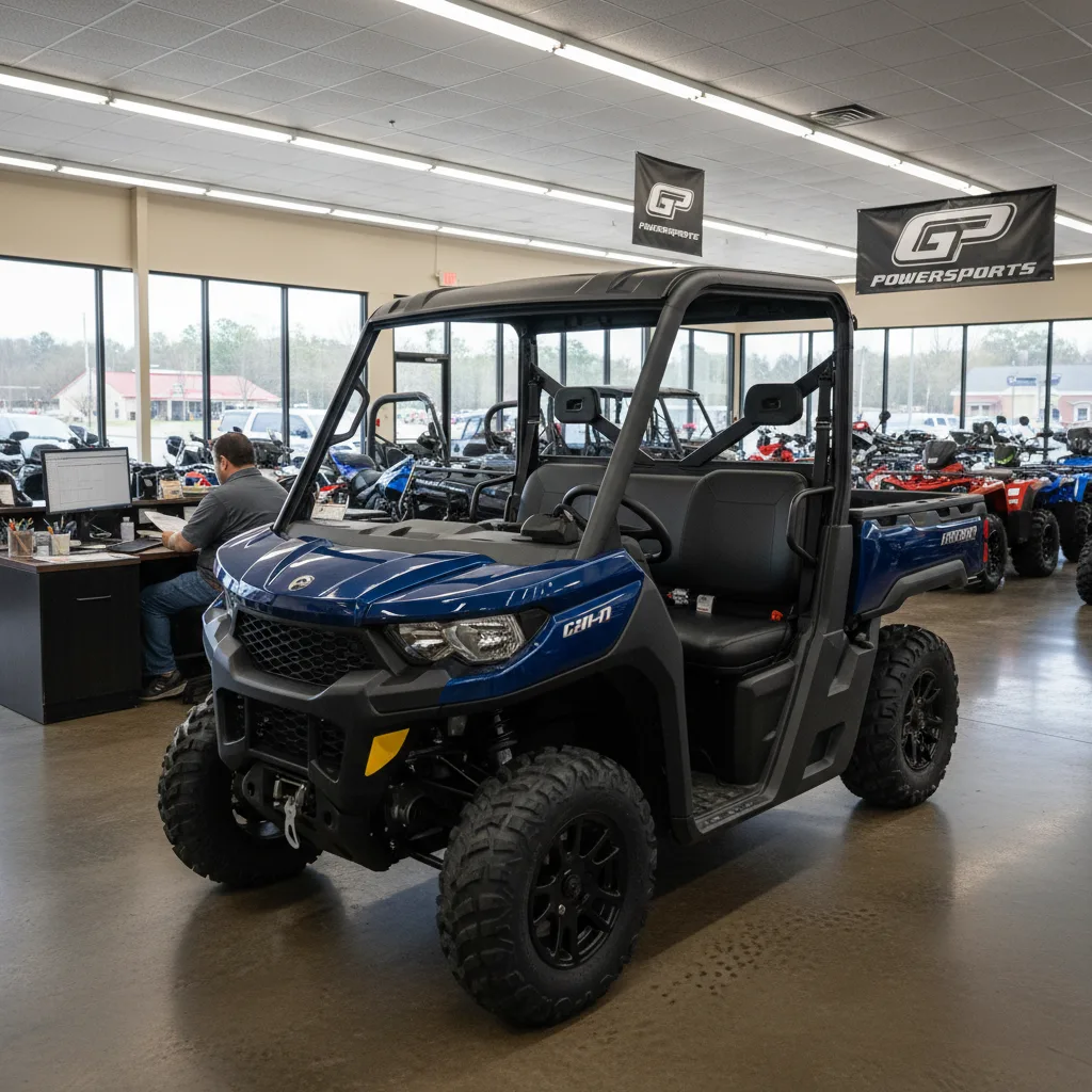 Georgia powersports dealer showing Can-Am Defender with Fulton County sales tax