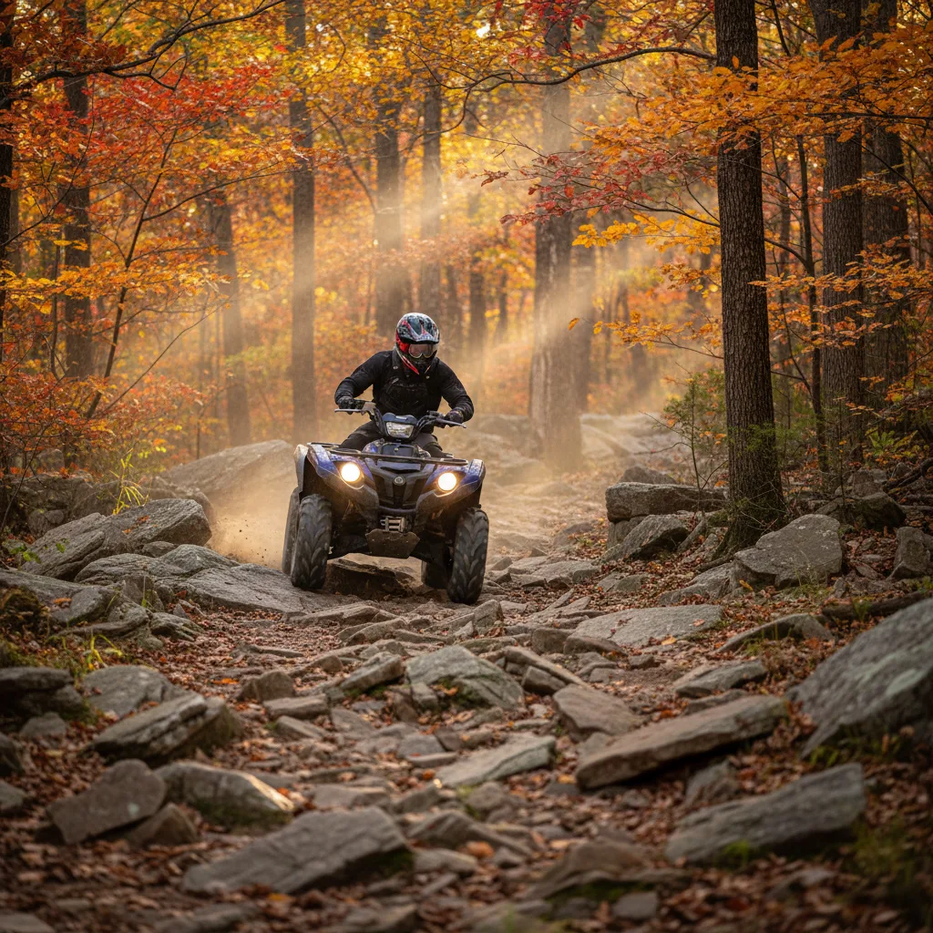 Yamaha Grizzly 700 ATV on rocky trail in North Georgia Appalachian foothills near Dahlonega