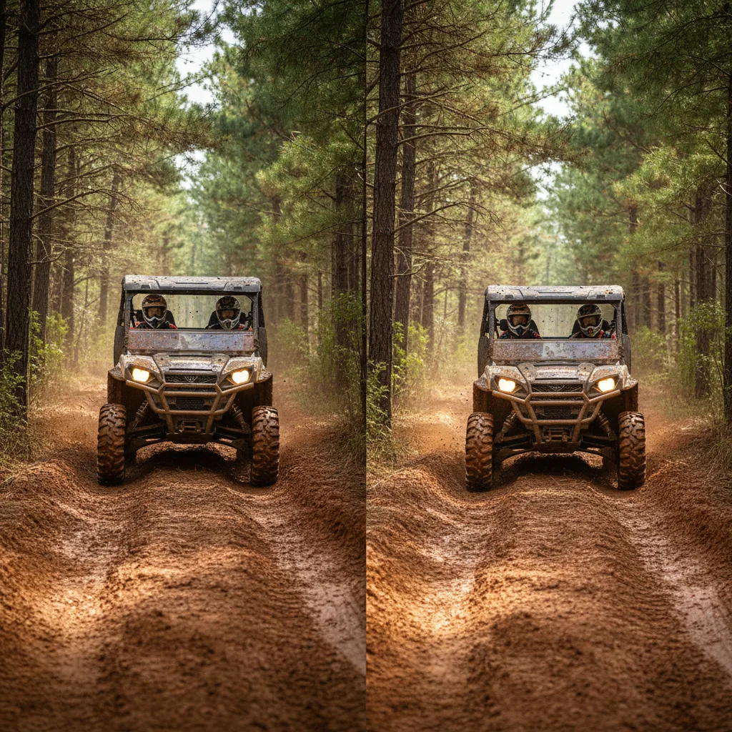 UTVs on muddy trail at Georgia private off-road park Durhamtown
