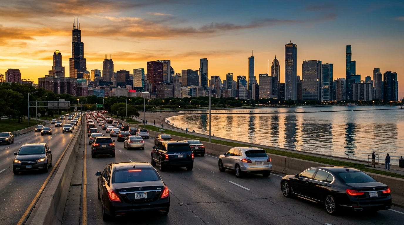 illinois vehicle tax - Chicago skyline with luxury vehicles on Lake Shore Drive