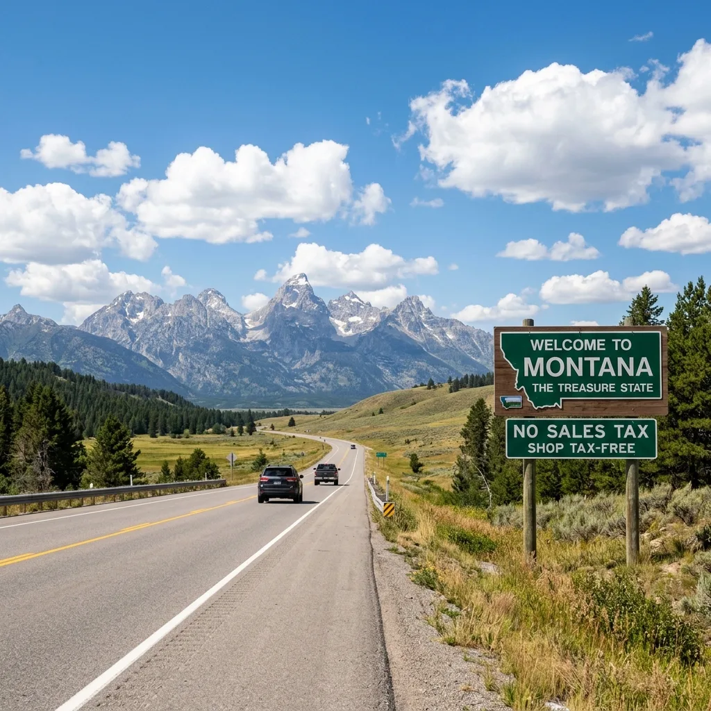 Montana welcome sign mountain highway no sales tax vehicle registration Illinois