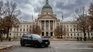 Indiana vehicle tax Indiana State Capitol in Indianapolis with BMW X5 xDrive50e parked on Capitol Avenue