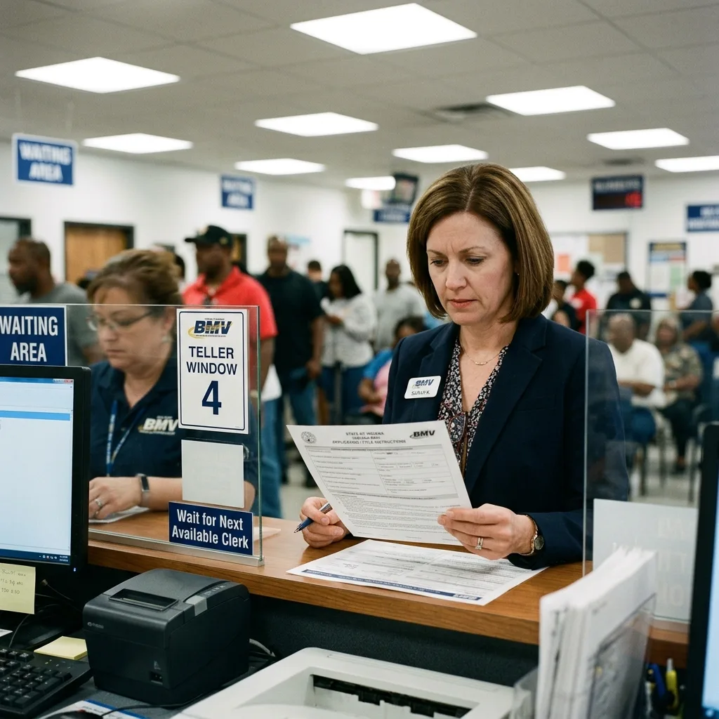 Indiana vehicle tax woman at BMV counter looking at sales tax printout