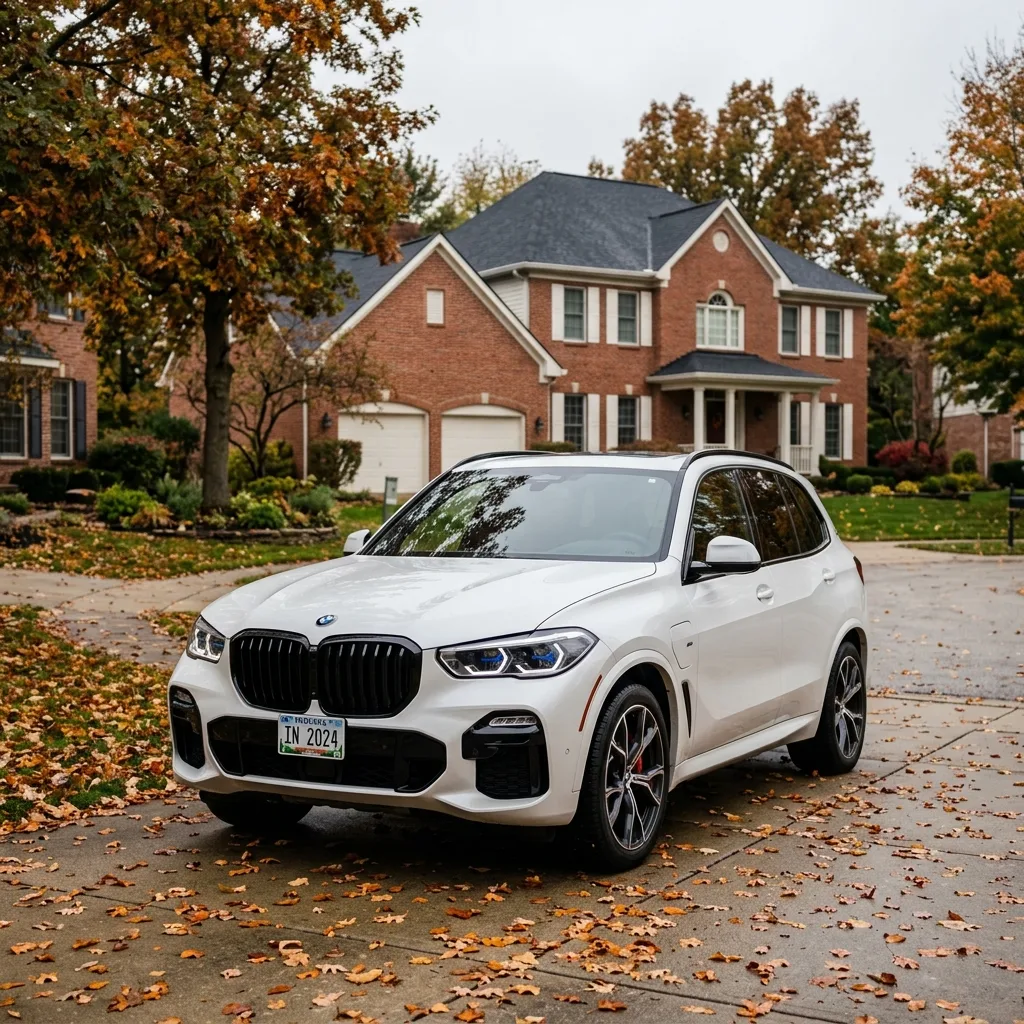2024 BMW X5 xDrive50e parked in Carmel Indiana driveway indiana vehicle tax