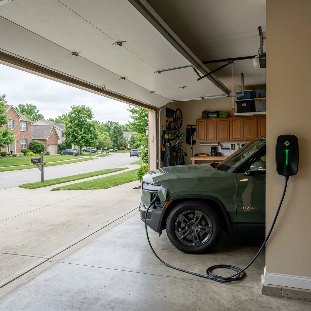2024 Rivian R1S plugged into Level 2 charger in Fishers Indiana garage indiana EV surcharge