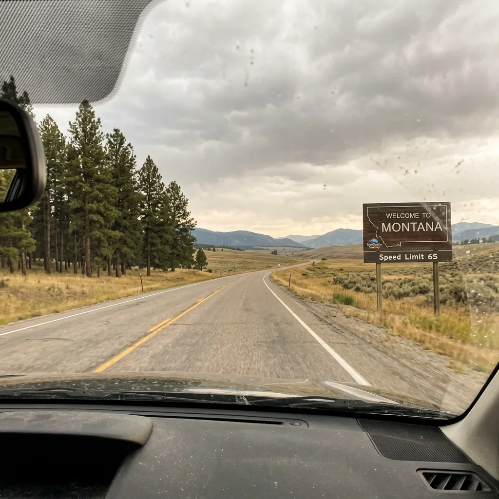 Welcome to Montana highway sign two-lane road Montana LLC vehicle registration