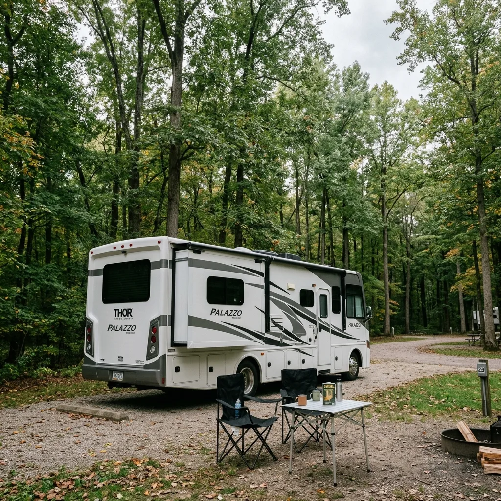 2024 Thor Palazzo Class A motorhome at Indiana state park campsite Elkhart RV