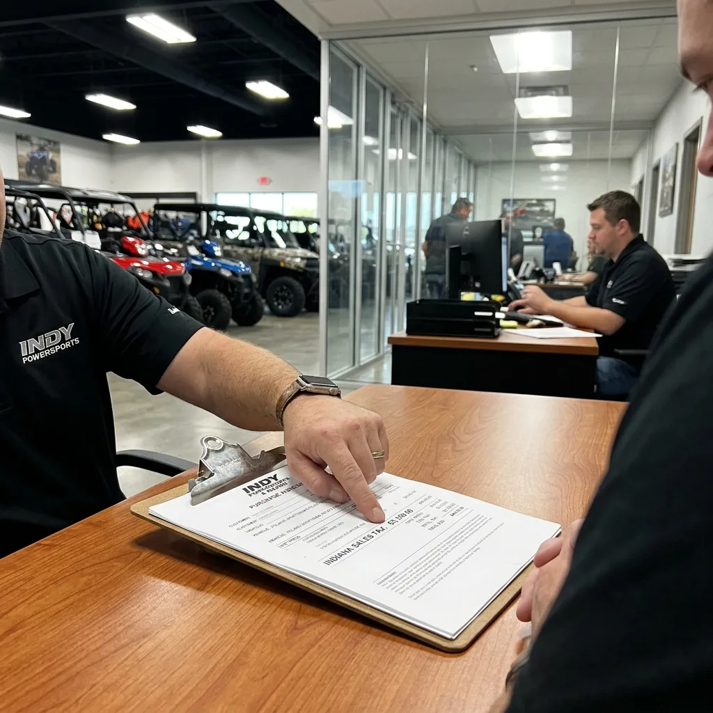 Indianapolis powersports dealership finance desk purchase receipt 7 percent Indiana sales tax ATV UTV