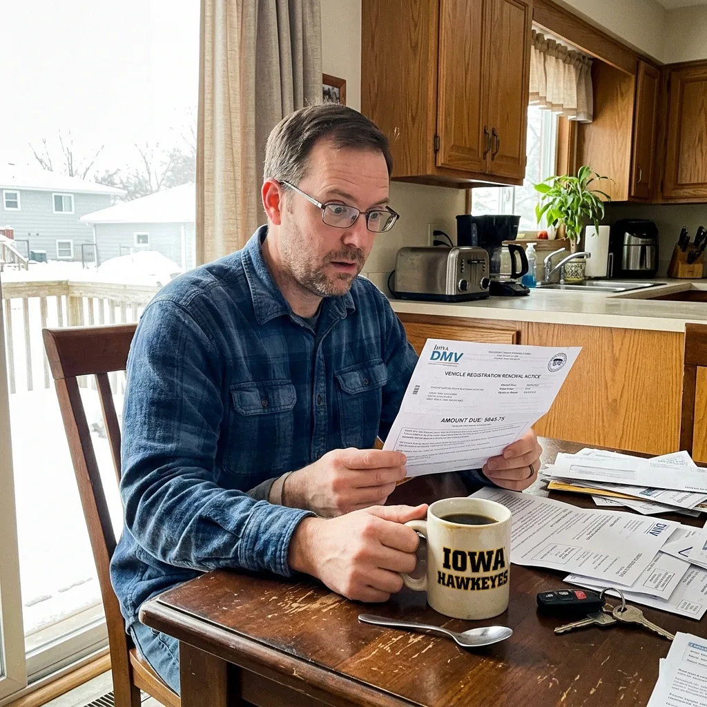 Iowa vehicle tax annual registration renewal notice arriving in mailbox