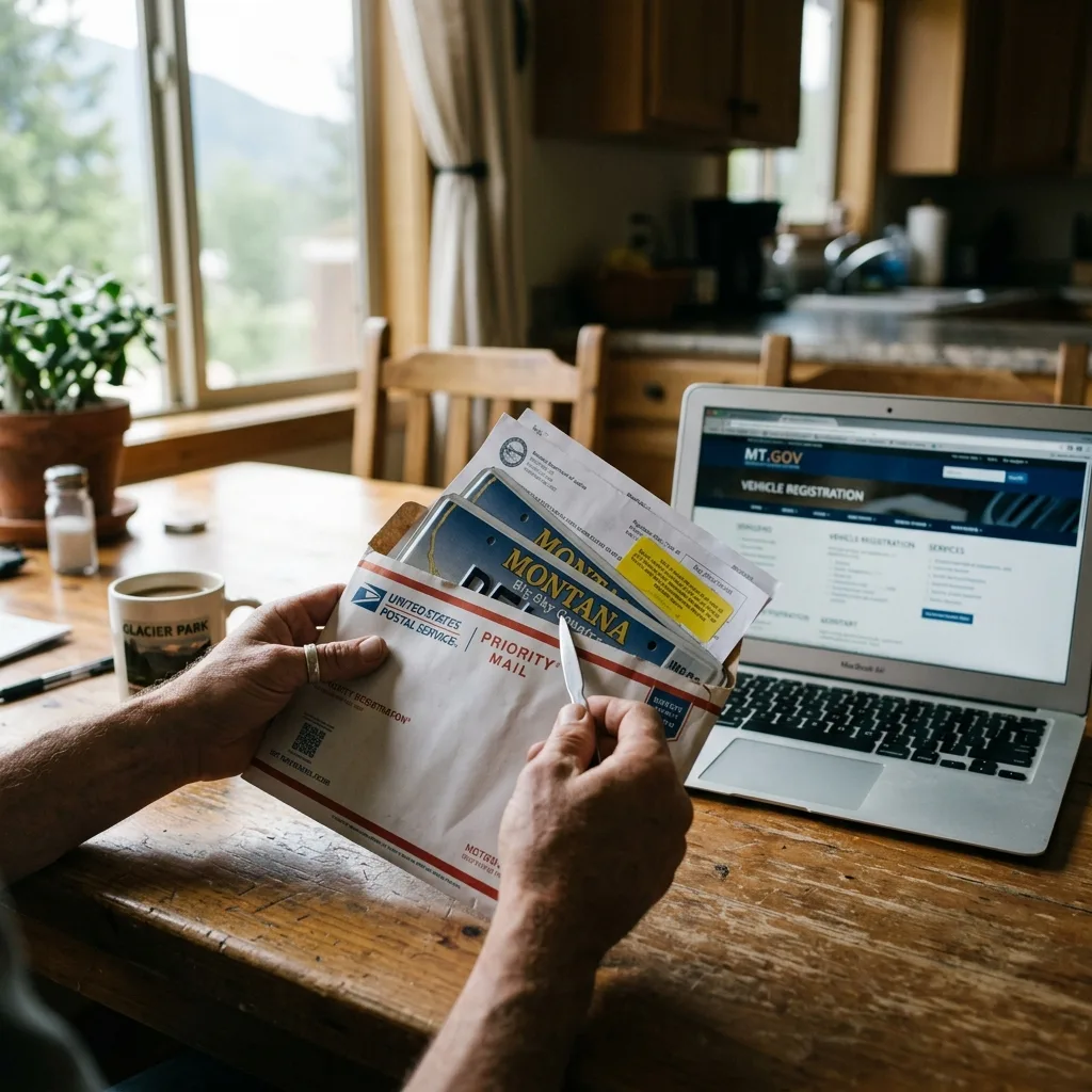 Montana vehicle registration plates arriving in mail at Iowa home