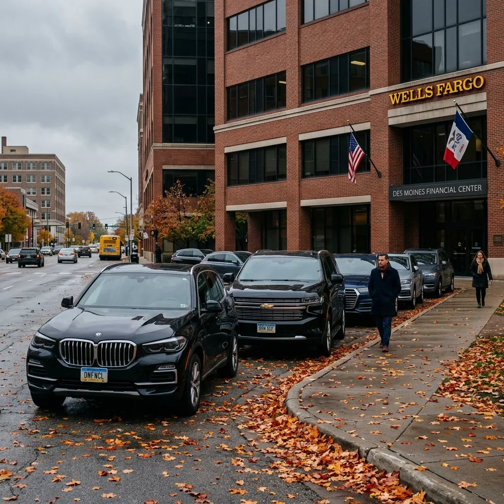Iowa vehicle tax on luxury SUVs parked outside Des Moines office building