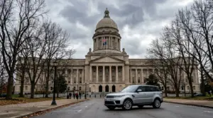 Kentucky vehicle tax — Frankfort State Capitol with Range Rover Sport parked outside