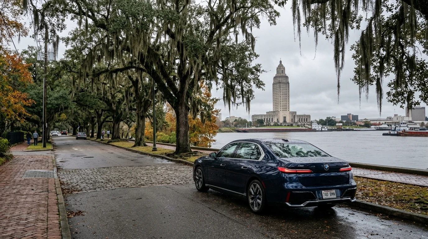 Louisiana vehicle tax Baton Rouge state capitol with BMW 740i parked on street