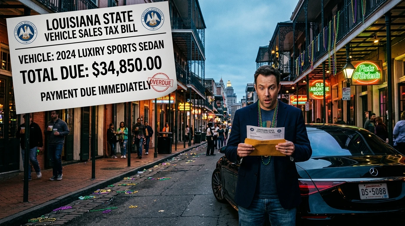 Louisiana vehicle tax bill shock New Orleans French Quarter Porsche Cayenne