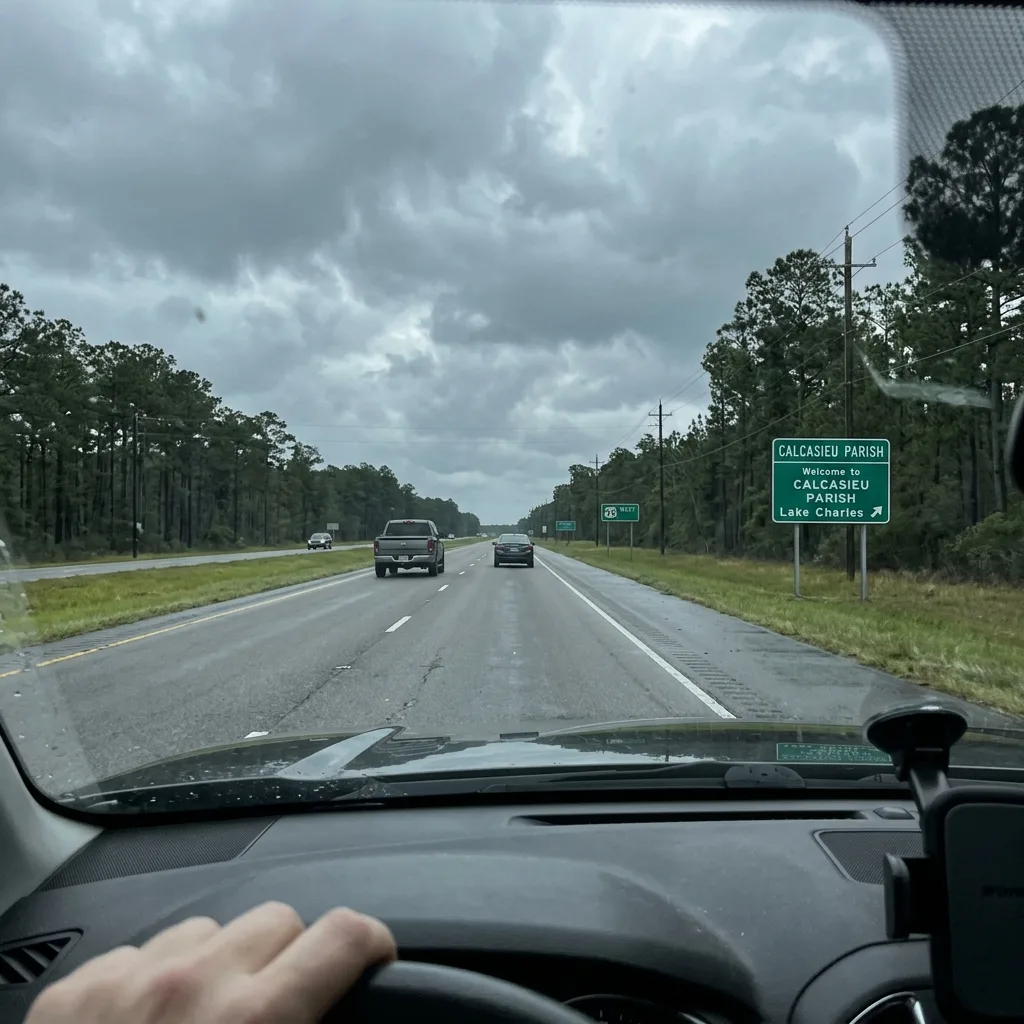 Louisiana parish boundary road sign on highway near Lake Charles