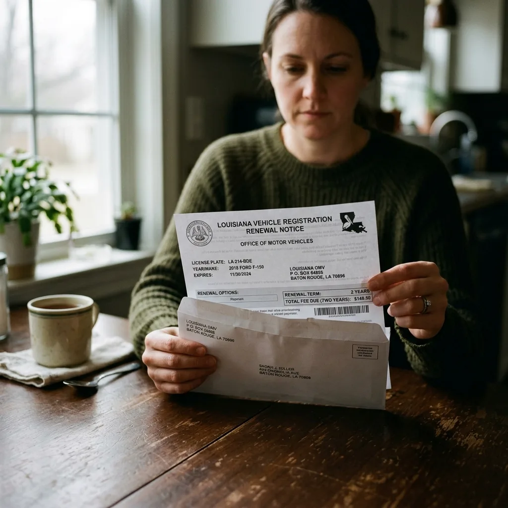 Louisiana OMV vehicle registration renewal notice with value-based fee