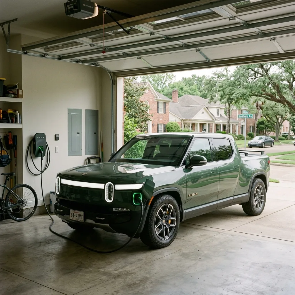 Rivian R1T electric truck charging in Shreveport Louisiana garage