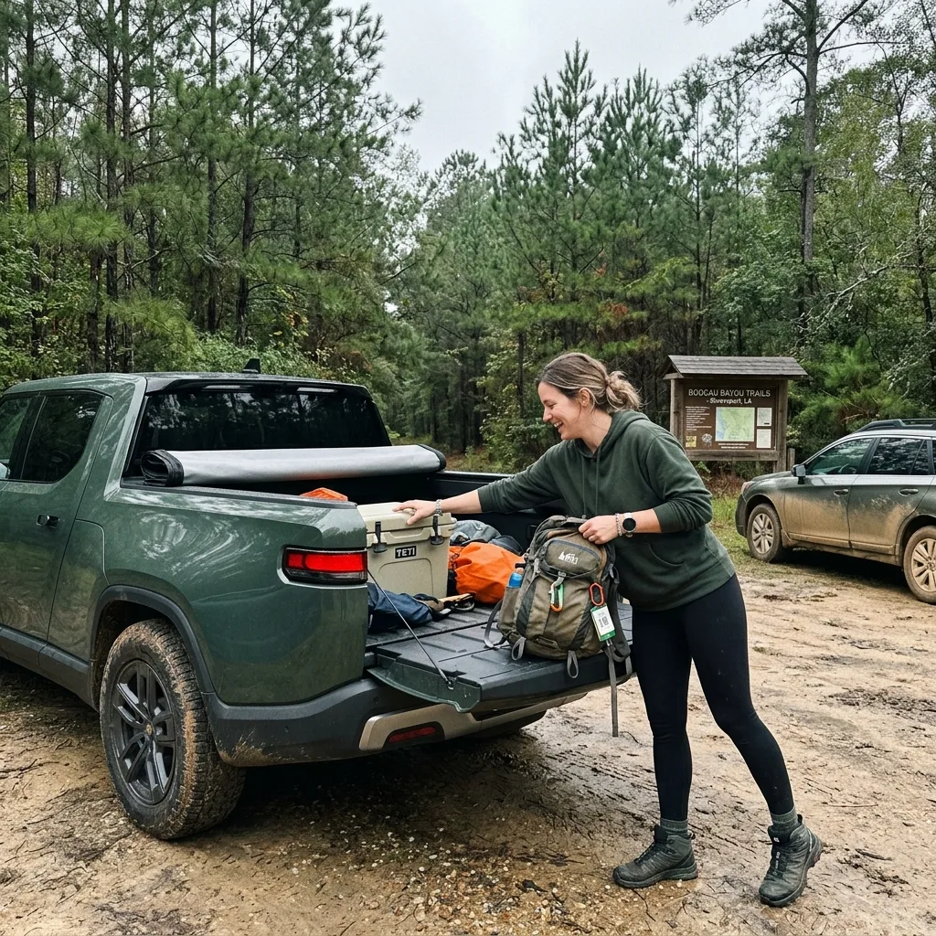 Jennifer loading Rivian R1T at Shreveport Louisiana trailhead, EV vehicle tax case study