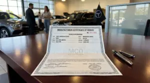 certificate of origin document on dealership desk with security features and vehicle registration
