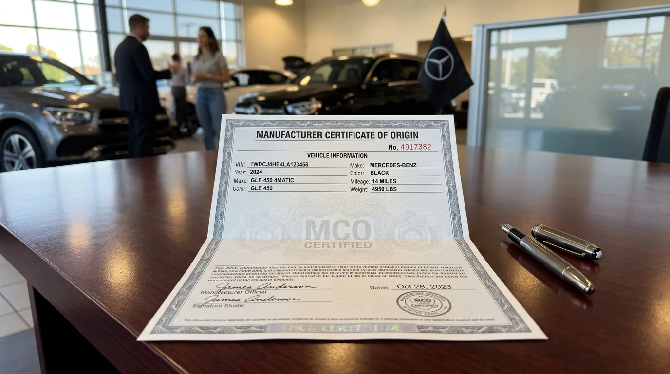 certificate of origin document on dealership desk with security features and vehicle registration