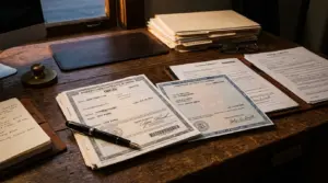 Unsigned MCO Manufacturer Certificate of Origin vehicle title documents on desk