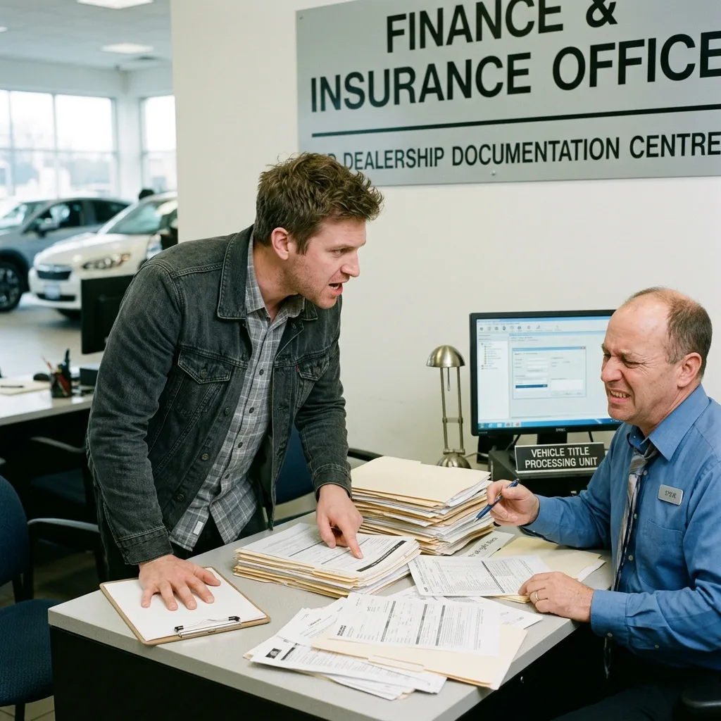 frustrated customer at dealership finance office negotiating for MCO document