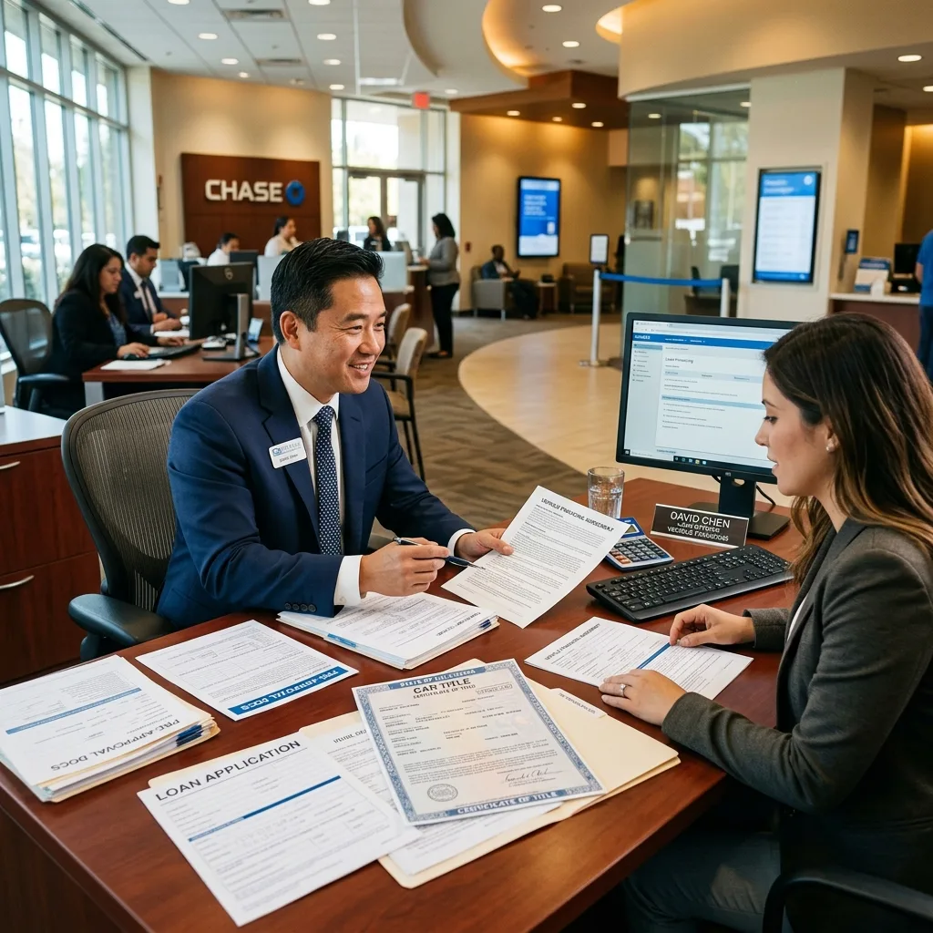 bank loan officer reviewing vehicle financing paperwork lien notation on title