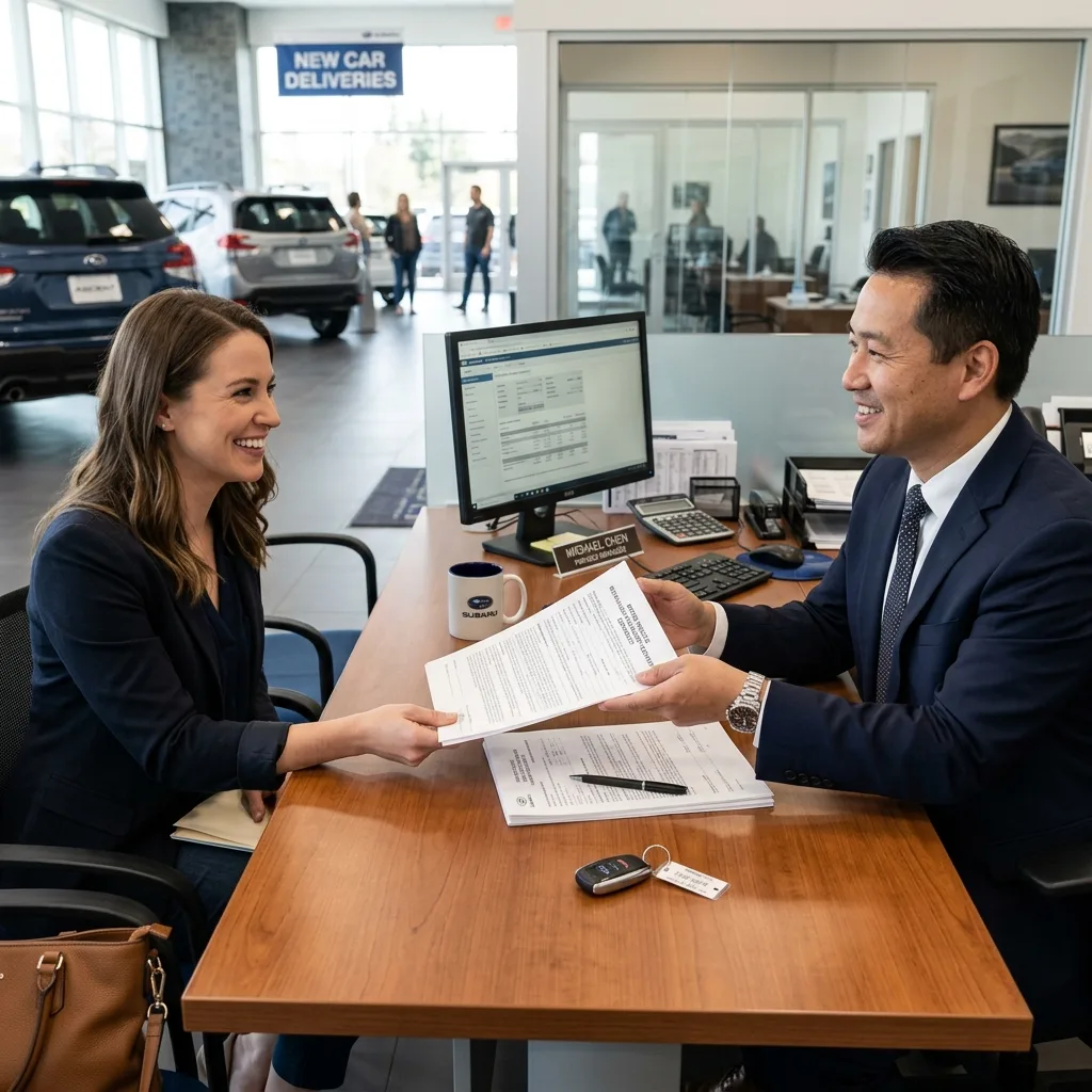 dealer handing certificate of origin paperwork to vehicle buyer at desk