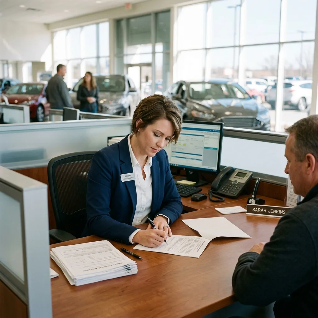 Car dealer at desk signing vehicle paperwork