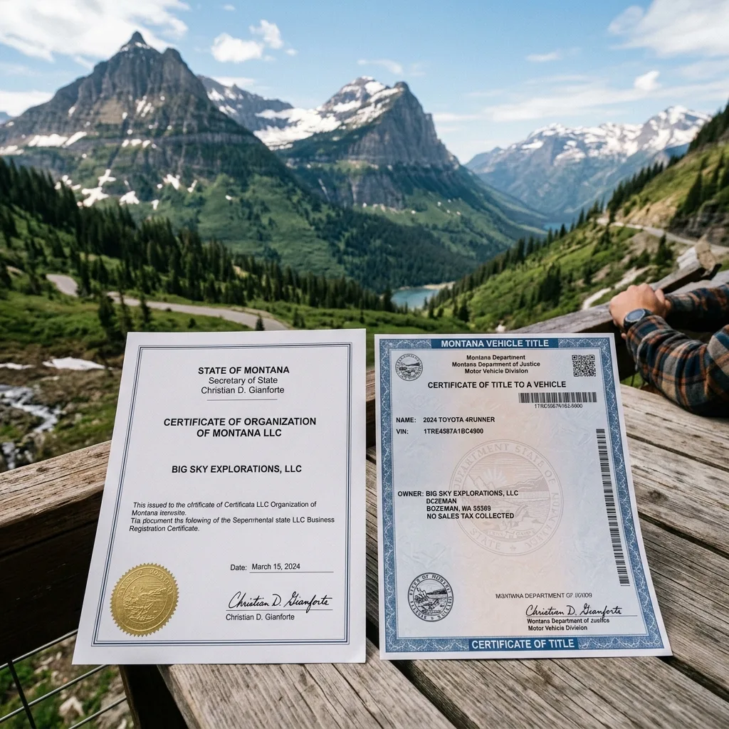Montana LLC articles of organization certificate next to vehicle manufacturer certificate of origin