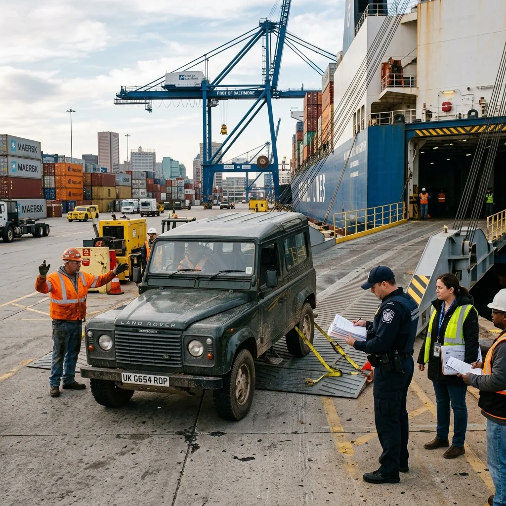 vintage Land Rover Defender at US customs port awaiting import inspection